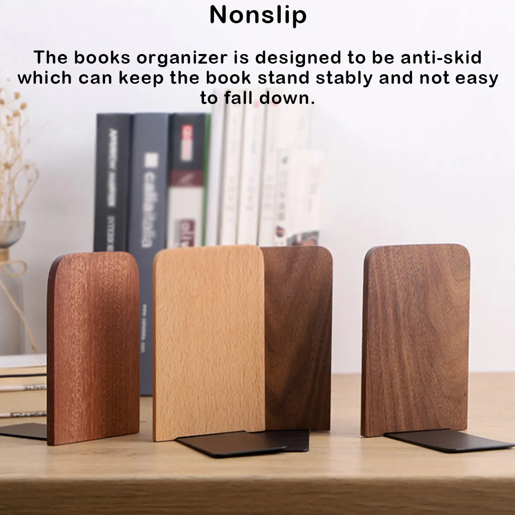 

2 Pieces Wood Book Ends Tabletop Stand Holder Anti-skid Space-saving Books Support Bookends Shelf for Home Office