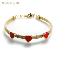 muse crush high quality stainless steel bracelet gold color plated mesh red heart enamel charm bracelet for women men jewelry