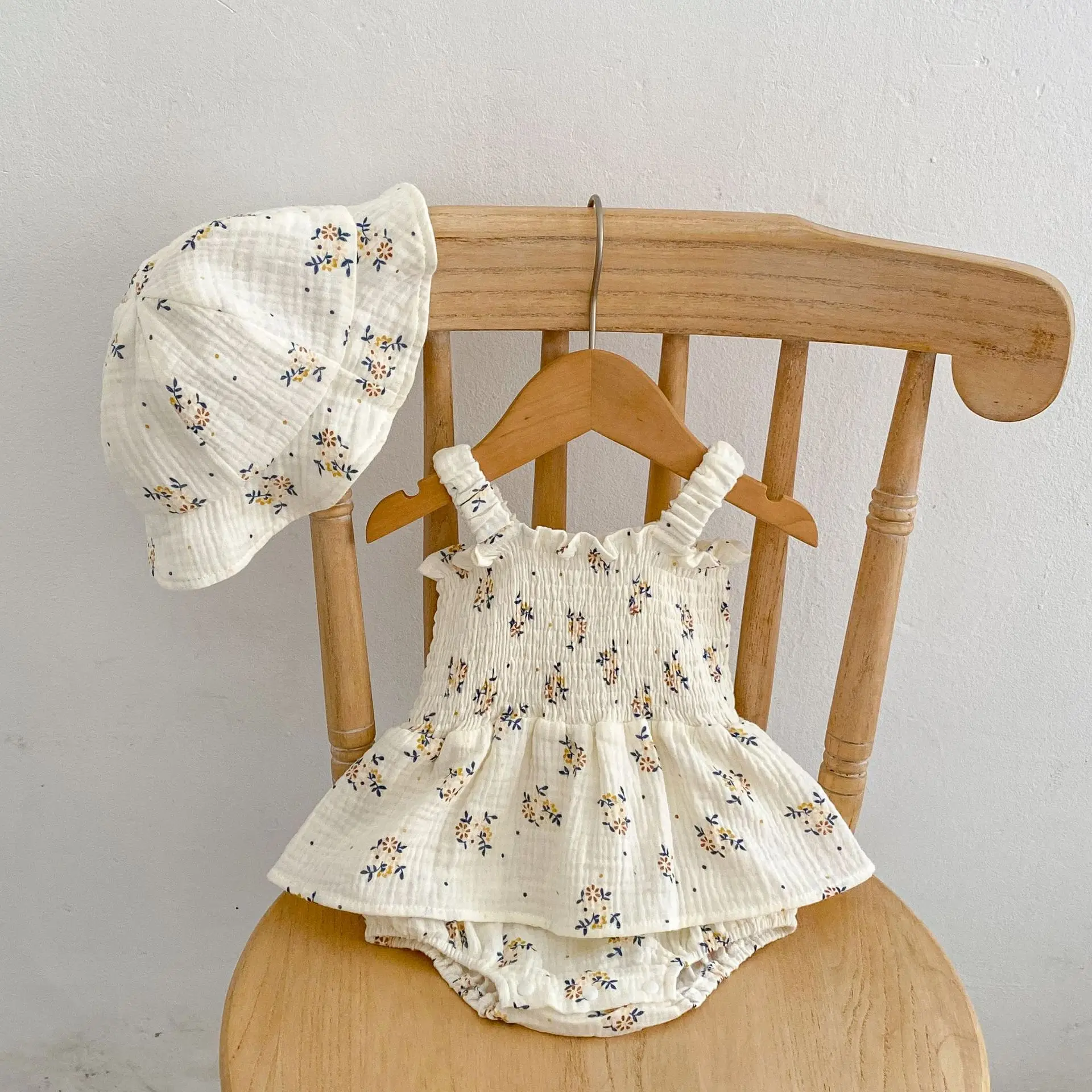 2023 Summer New Baby Girl Sleeveless Sling Bodysuit + Fisherman Hat Infant Girl Floral Jumpsuit Dress Toddler Clothes Outfits