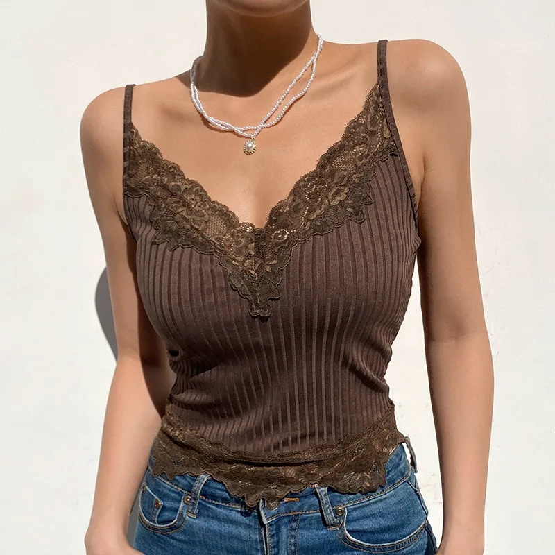 

Women Knitted Crop Top Y2K Lace Frill Camis Knitwear V Neck Tank Top Harajuku Vintage Cute Tee Top Chic Party Top Trendy Shirts