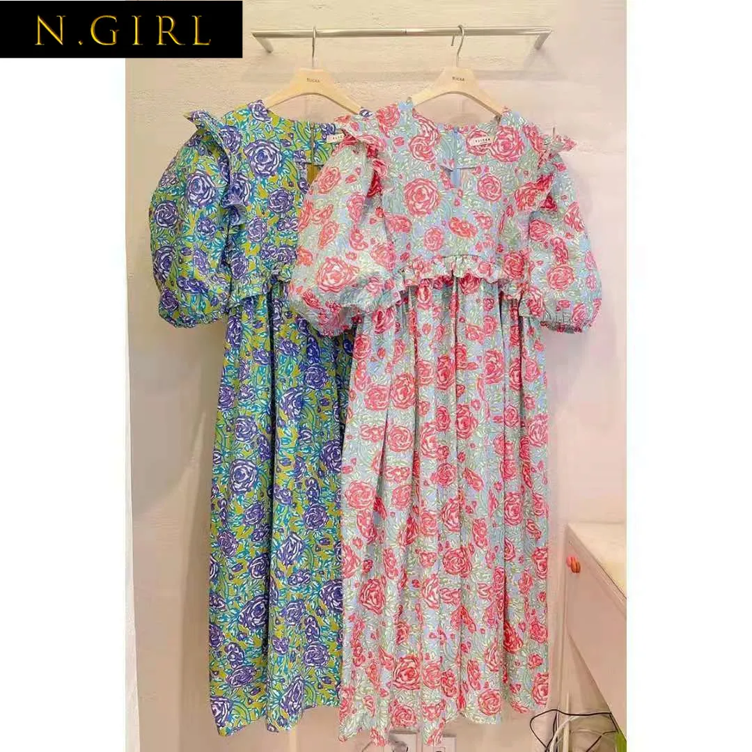 

Muticolored woman dress Round Neck High Waist Casual holiday dresses for women Puff Sleeves Loose Fit long vestidos 2022