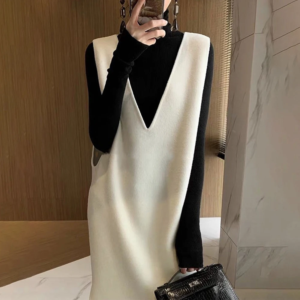 

Autumn Clothes Korea Ladies Winter V-Neck Pullover Sleeveless Long Knit Dress Women Loose Vest Wool Fleece Sweater Vestidos New