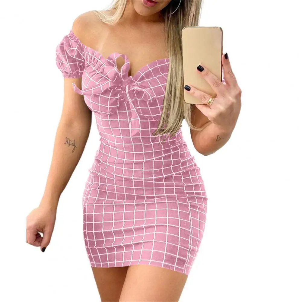 

Bodycon Dress Plaid Off Shoulder V Neck Lace-up Sexy Strapless Hip Wrap Dress Streetwear Slim Dress for Parties