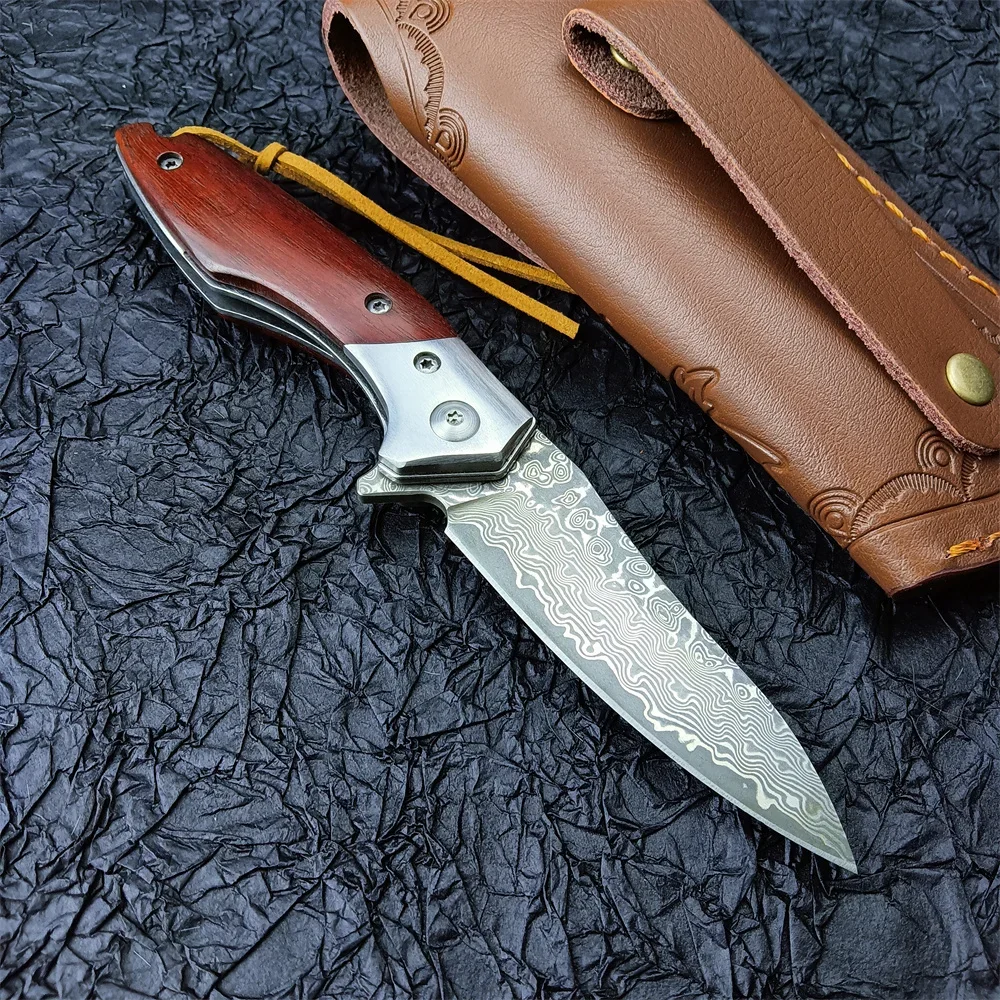 

VG10 Damascus Steel Folding Blade Knife Wood Handle Outdoor Military Self Defense Knife Pocket EDC Tool Gift Leather Sheath
