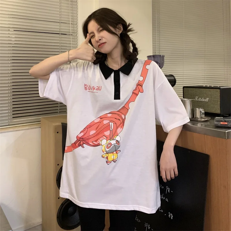 

Female Korean Harajuku Retro Cartoon Letter Print Loose Tshirt Women's T-shirts Tops Japanese Kawaii Ulzzang Clothes For Women