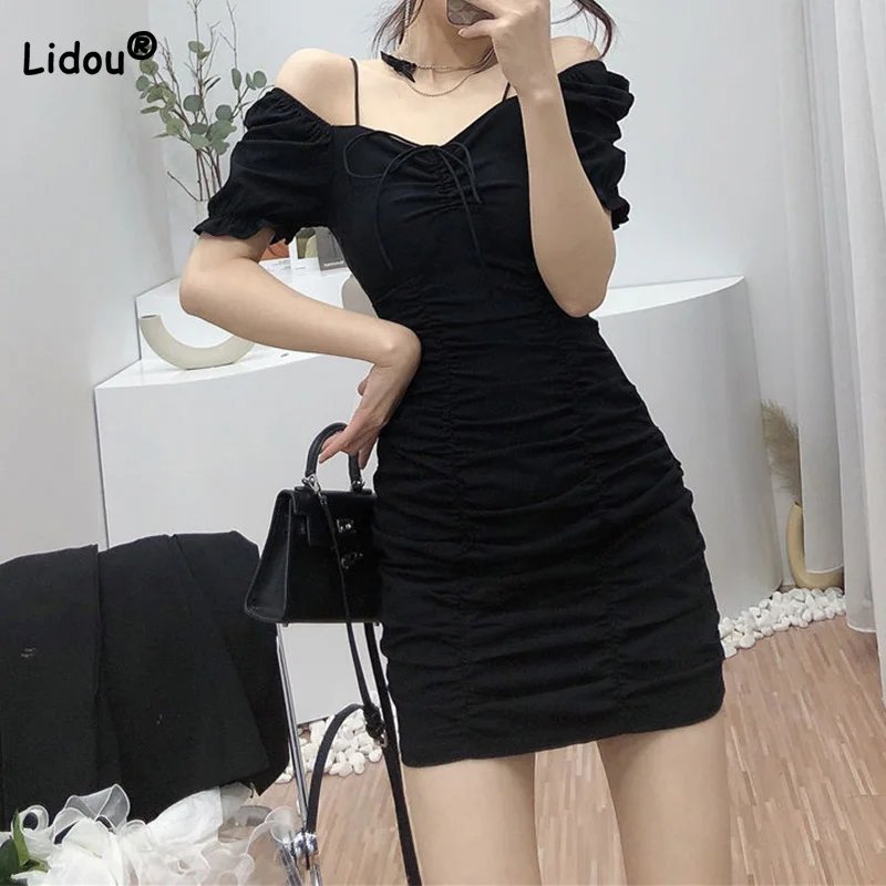 Купи Pure Desire Wind Square Collar Pleated Splicing Bow Lacing Short Sleeve Slim Bag Hip Mini Dress Puff Sleeve Waist Solid Skirt за 1,003 рублей в магазине AliExpress