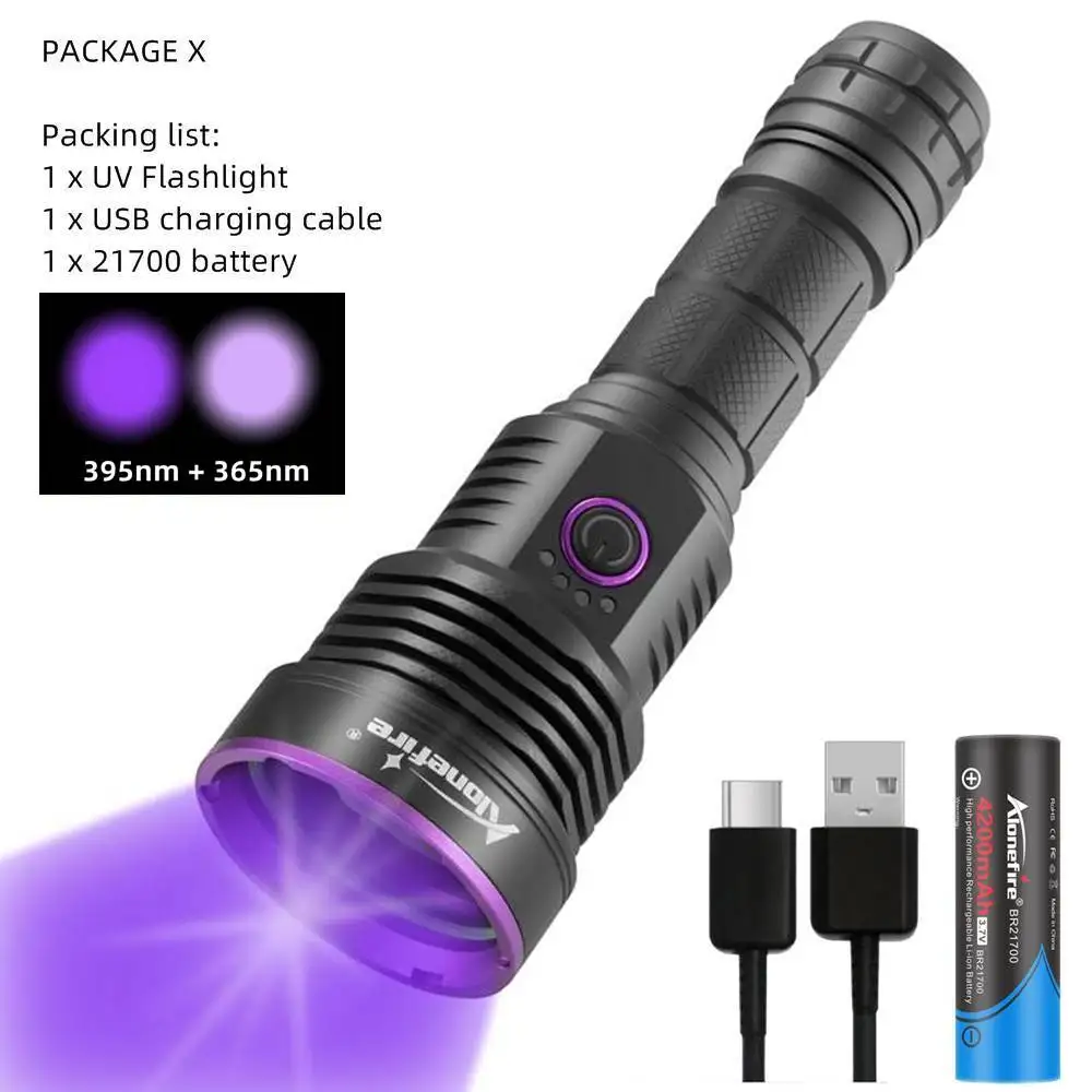 Alonefire SV43 395+365nm Powerful UV Flashlight Ultraviolet Lantern Torch Lighter by 21700 Battery for Pet Stains Marker Check