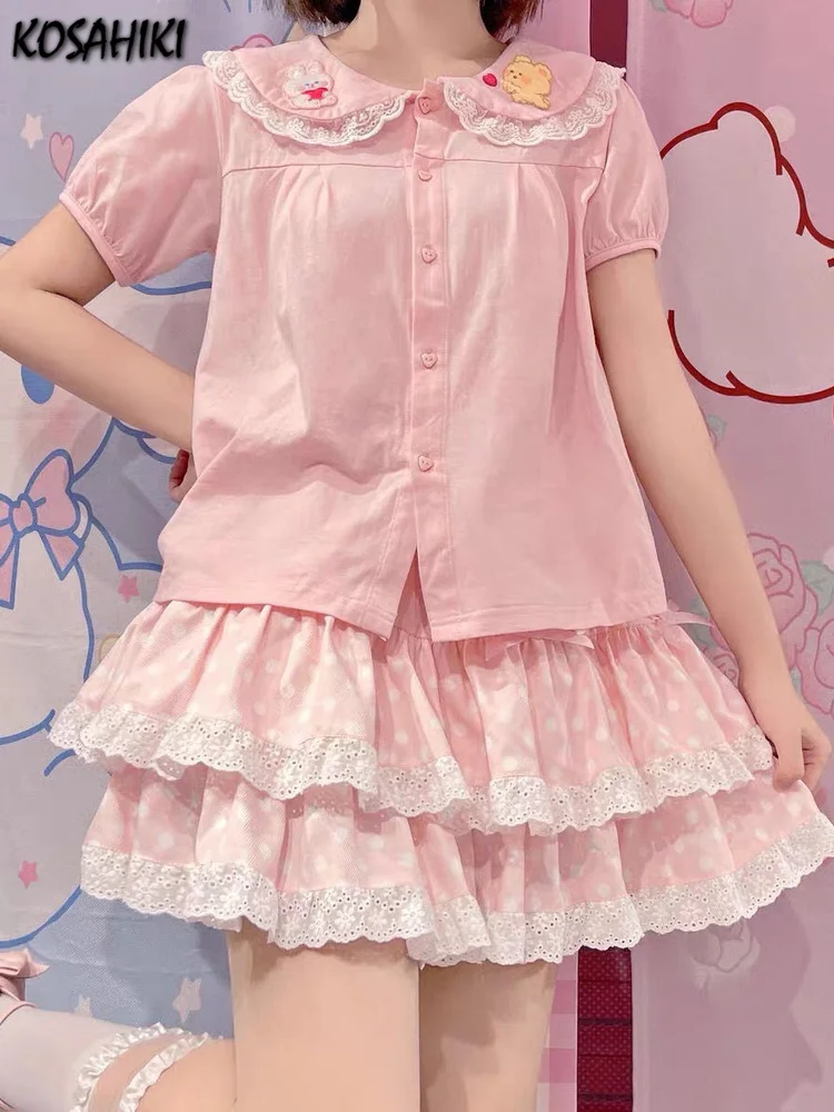 

Summer Japanese Kawaii Lolita Pleated Skirts Womens Sweet Lace Patch Ruffle Cake Skirt Cute Bow Faldas Mujer Moda 2023