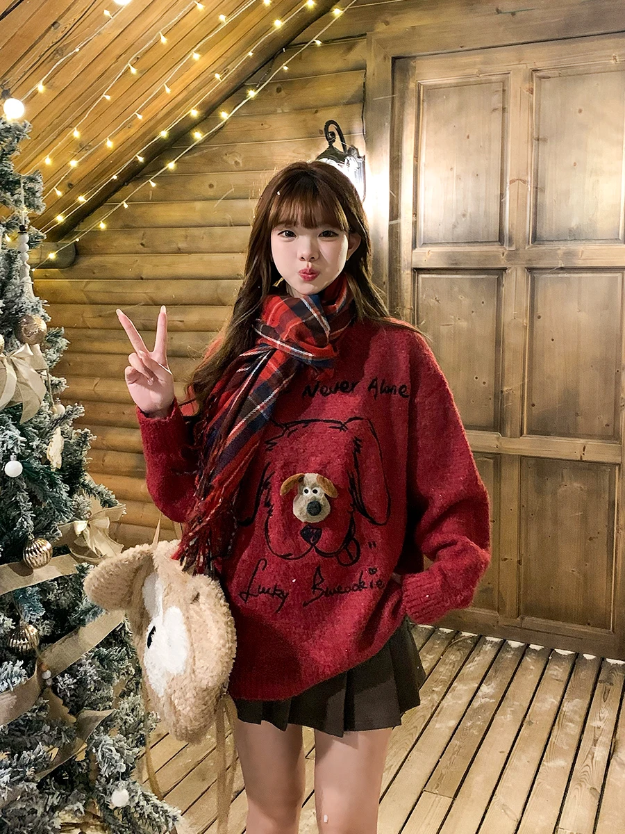 UFAD Ретро Idle Sle мультфильм трехмерный щенок пуловер с круглым вырезом свитер