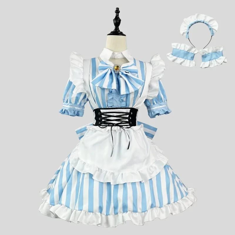 New 2024 Product Japanese Akihabara Sweet Striped Maid Outfit COSPLAY Lolita Plus Size Blouse Victorian Dress