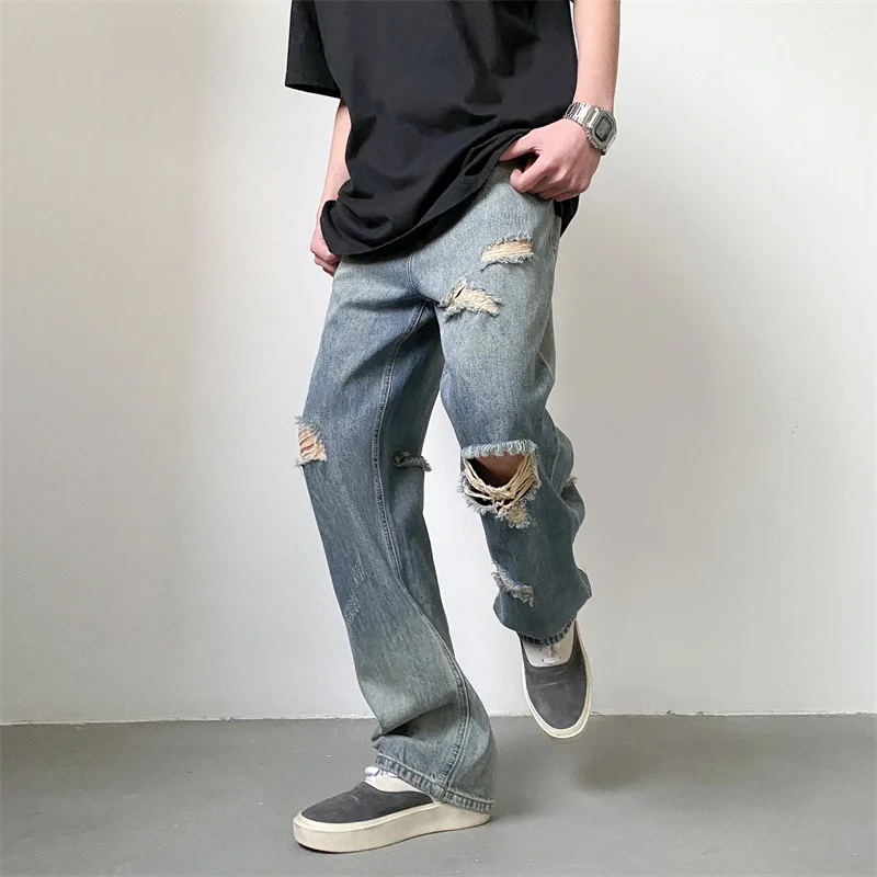 Summer Blue Baggy Jeans Men Fashion Casual Ripped Straight Jeans Men Streetwear Hip Hop Loose HoleDenim Pants Mens Trousers