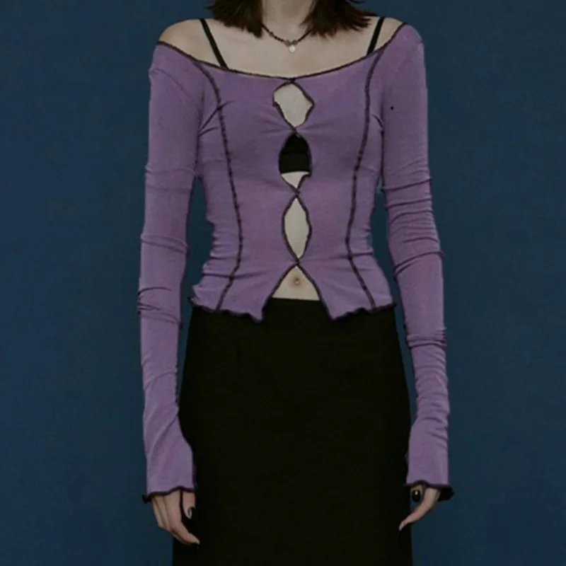 

Y2k Sexy Fashion Solid Color Hollow Stitching Long-sleeved T-shirt Top O-neck T-shirt Woman 2021 New Casual Autumn Spring Top
