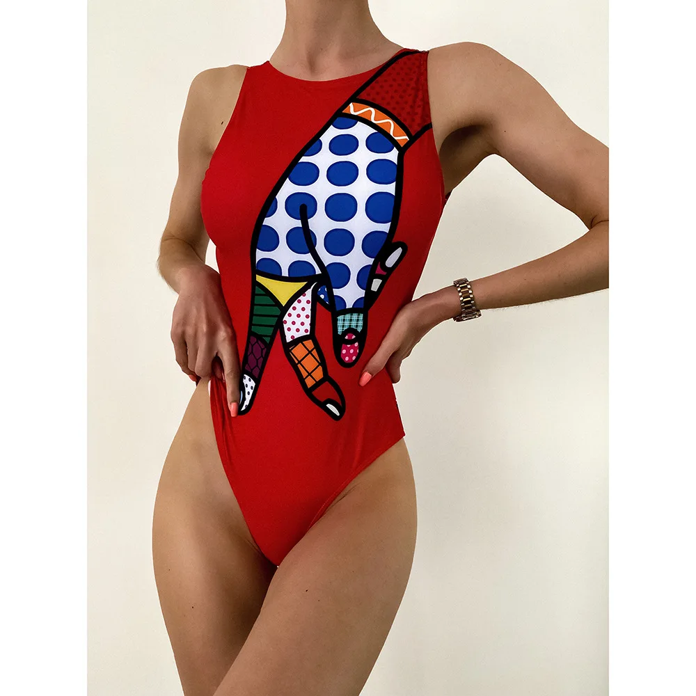 

European and American New 2022 One-piece Swimsuit Print Finger Abstract Modern Backless Sexy Swimsuit