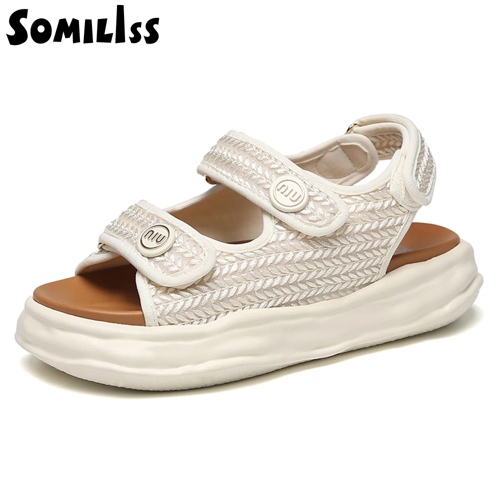 SOMILISS Platform Sandals Women Knitted Fabric Cloth Hook Loop Round Toe Summer Lady Fashion Outdoor Flat Casual Shoes Handmade