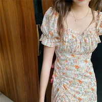 summer 2022 new square neck oil painting lace dress short sleeve french sweet orange floral bubble sleeve slit long dress