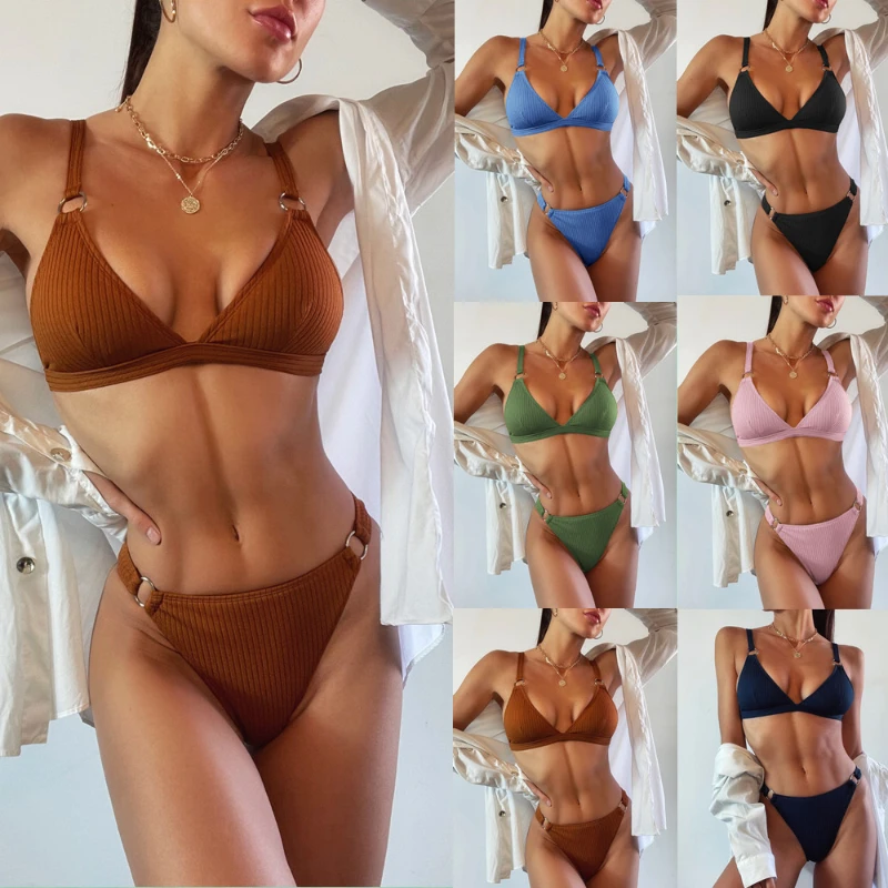 

High Waist Bikini Swimwear Women Swimsuit New Fashion Push Up Biquini Ribbed Bathing Suit Women Sexy High Cut Bikinis Set