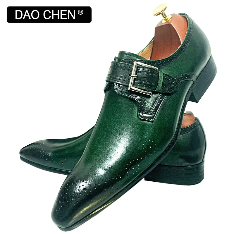 LUXURY BRAND MEN'S LOAFERS MONK STRAP SHOES GENUINE LEATHER FASHION MENS DRESS SHOES BLACK GREEN OFFICE WEDDING MEN CASUAL SHOES