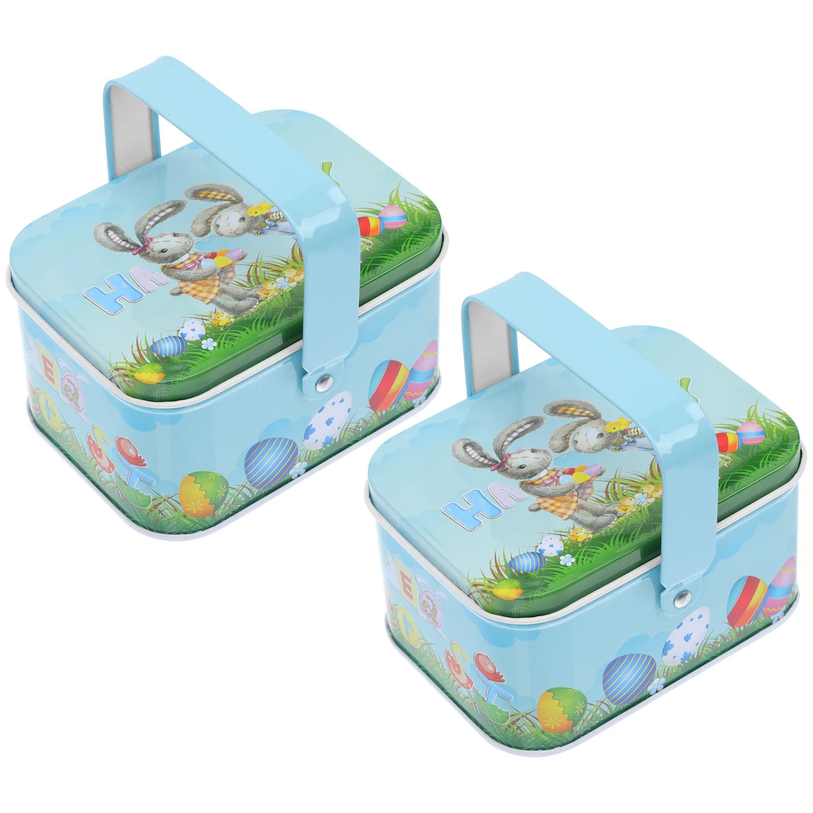 

2PCS Easter Colorful Eggs Storage Box Tinplate Cookies Storage Box with Handle