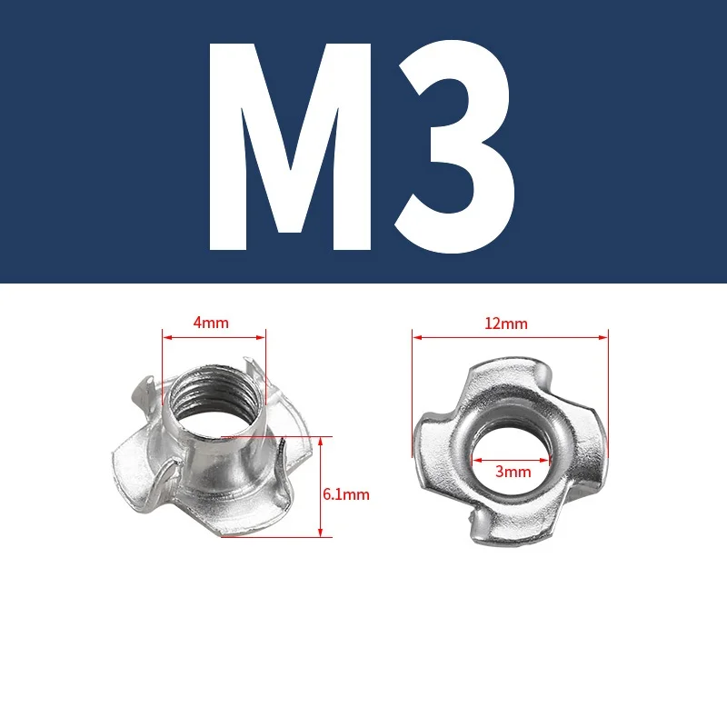Гайка M3 M4 M5 M6 M8 M10 с четырьмя зажимами, Т-образная гайка, вставка для слепых зубцов, тройная гайка, оцинкованная мебельная фурнитура, гайка с инкрустацией по дереву