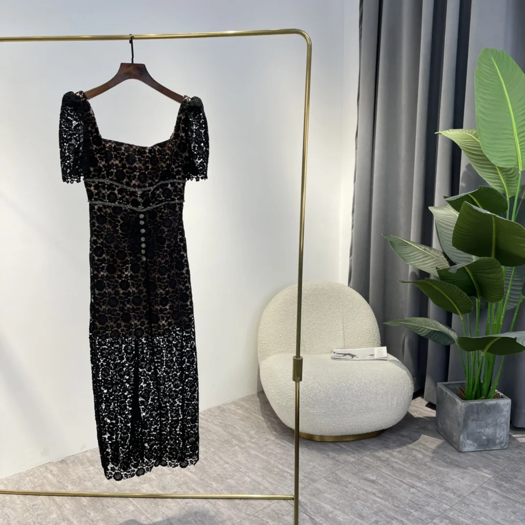 

Black Lace Dresses Women 2022 Summer New Sexy Solid See Through Hollow Out Designer Clothing