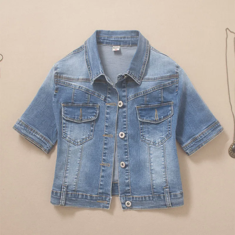 

Vintage Blue Elasticity Slim Denim Jacket Coat Women Thin Short Cowboy Outerwear Short Sleeve Big Pocket Jeans Jackets Female