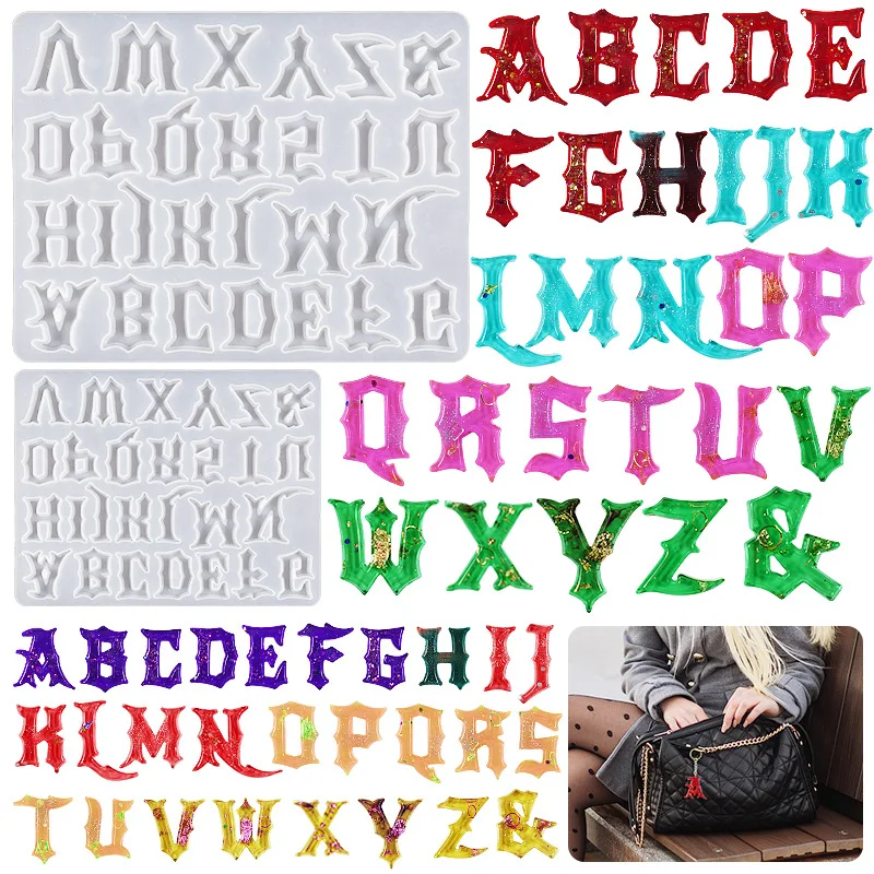 

Gothic Alien English Letter Full Page Drip Gel Grinding Aromatherapy Pendant Key Chain Silicone Mold Jewelry Finding Tools Mould