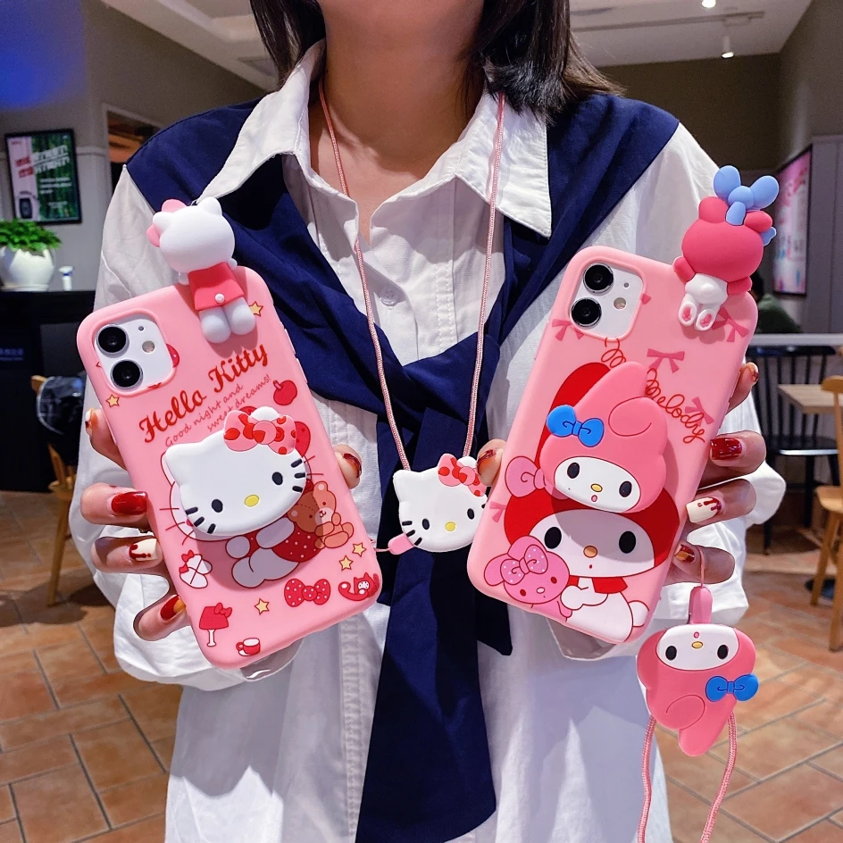 For iPhone 6 6s 7 8 X Xs Max XR 11 12 13 14 Pro SE Max Case My Melody Hello Kitty TPU Soft Phone Case With Holder Strap Rope