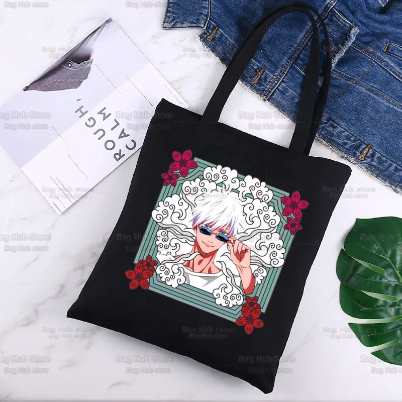 

Anime Jujutsu Kaisen Gojo Satoru Yuji Itadori Harajuku Shopping Black Bags Canvas Tote Bag Mom Reusable Handbag Shoulder Bags