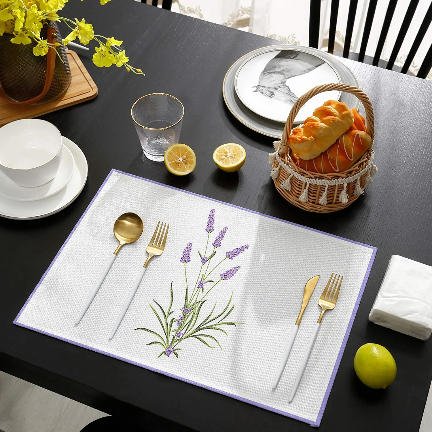 

Summer Purple Romantic Lavender Heat Resistant Kitchen Table Mats Easy to Clean Washable Burlap Placemats for Dining Table