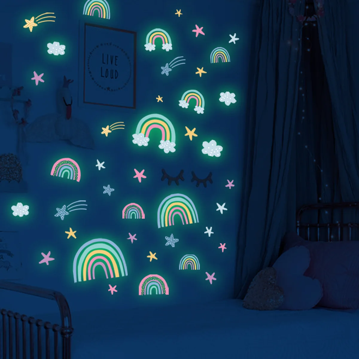 Купи Cartoon Rainbow Cloud Luminous Wall Stickers For Kids Rooms Bedroom Home Decortion Wall Decals Glow In The Dark Stars Stickers за 172 рублей в магазине AliExpress