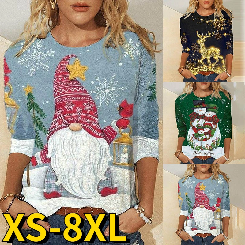 

2022 Autumn winter women Father Christmas print tops Snowman T-shirt round neck loose size long sleeve fashion casual pullover