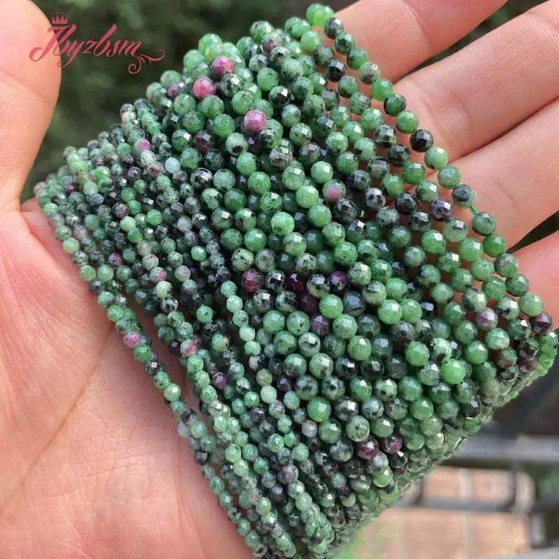 

2/3/4mm Round Faceted Green Zoisite Tiny Natural Stone Seed Spacer Beads for DIY Charm Bracelet Necklace Jewelry Making 15"