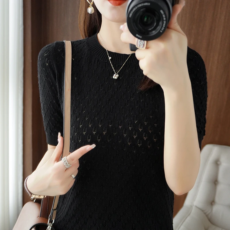 

Temperament new summer hollow cotton short-sleeved women's knitted sweater five-point sleeve T-shirt bottoming slightly transpar
