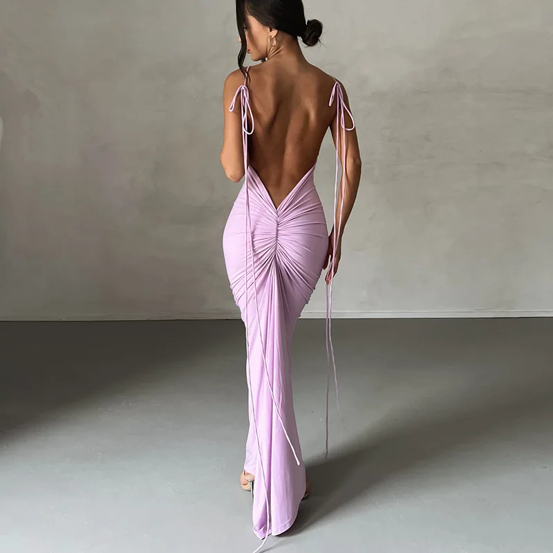 

Dutrieux 2023 Spaghetti Strap Sexy Backless Maxi Dress Outfits Women Elegant Birthday Vestido Summer Club Party Ruched Dresses