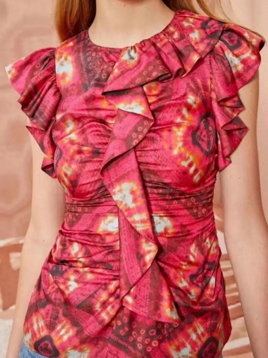 

Women's Blouse Print Ruffles Spliced Sleeveless O-Neck Zipper Retro 100% Silk Shirt