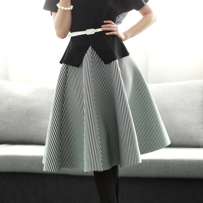 

SETWIGG Spring & Autumn Fluffy Scuba Patchwork A-line Long Skirt Stretch Waist Vertical Striped Mid-calf Spring Skirts SG2080