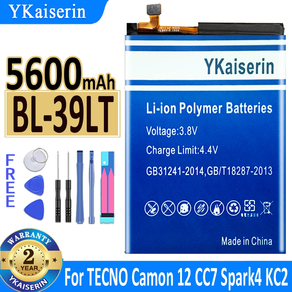 

YKaiserin Mobile Phone Battery 5600mAh For Tecno BL-39LT Camon 12 Camon12 CC7 Spark 4 KC2 Spark4 KC2 + Free Tools