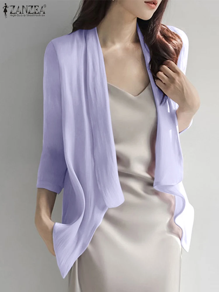 

2023 ZANZEA Women Elegant Open Front 3/4 Sleeve Cardigan Fashion Summer Blouse Solid Thin Tops Casual Work Kimonos Holiday Shirt