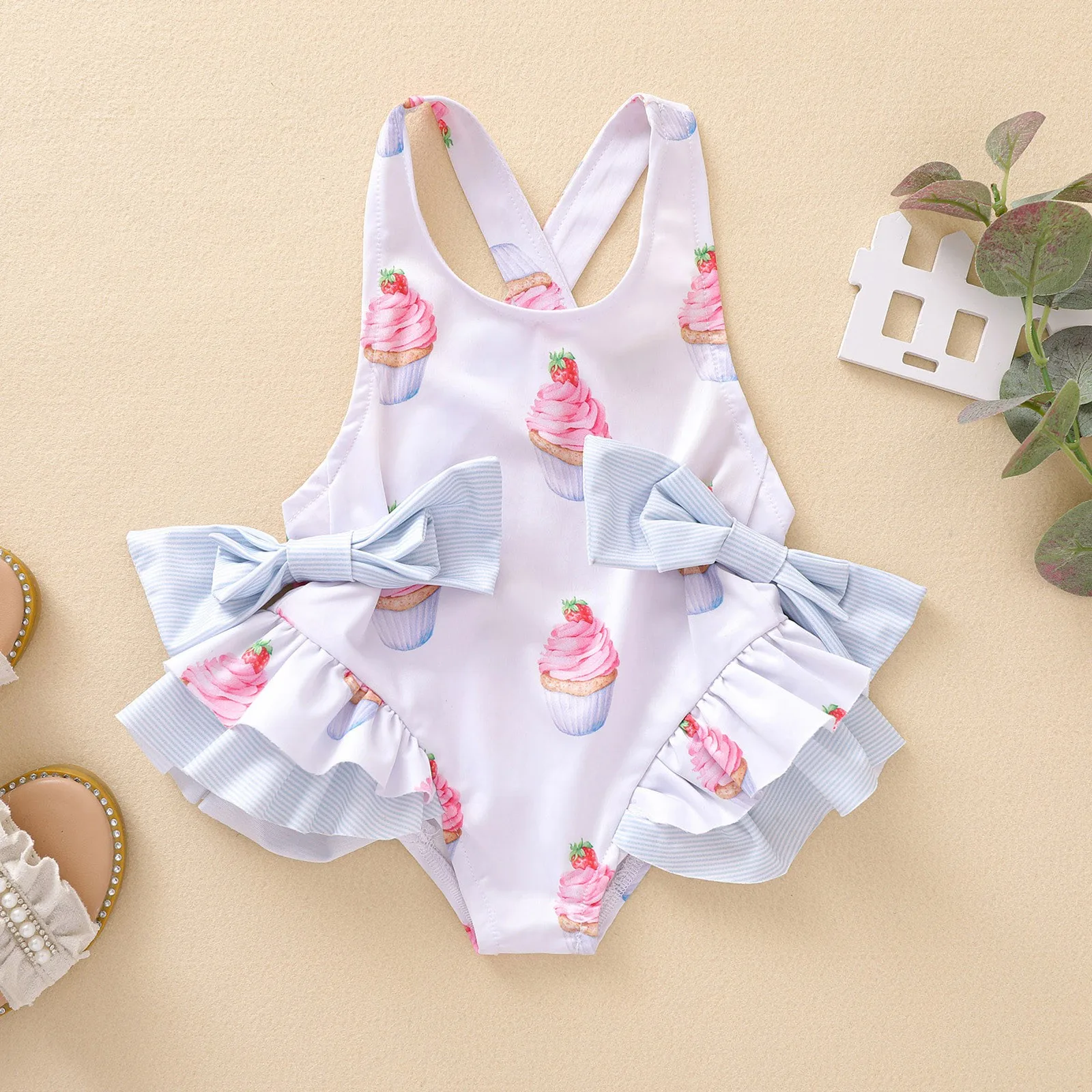 

Little Girls Swimwear Sleeveless Bow Print Swimsuit Toddler Kids Clothing Girls Holiday Beachwear Children Casual Bathing Suits