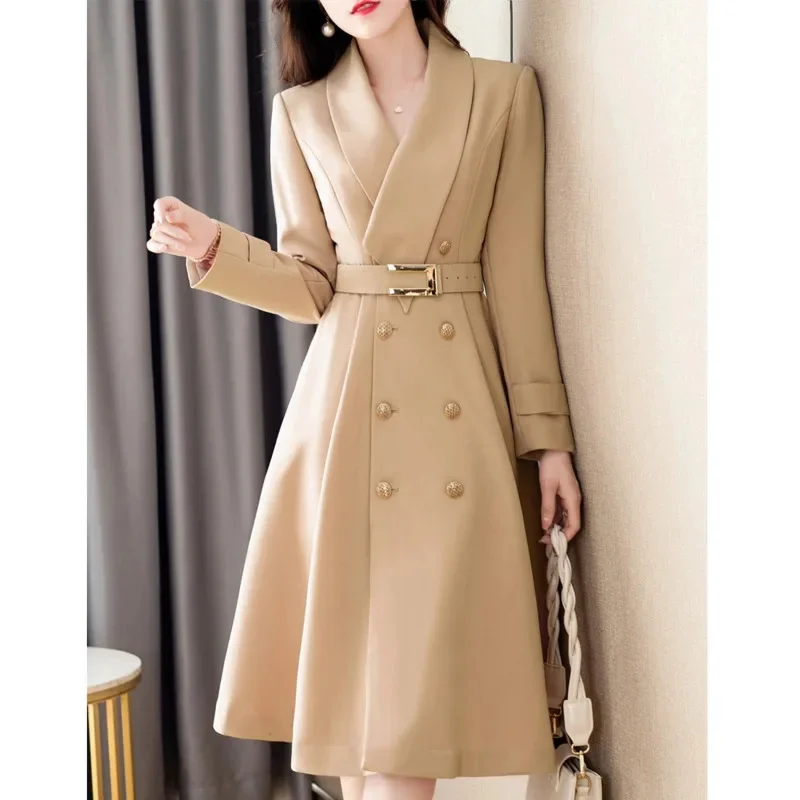 

Женский двубортный плащ средней длины, ветровка с поясом, весна-осень 2023