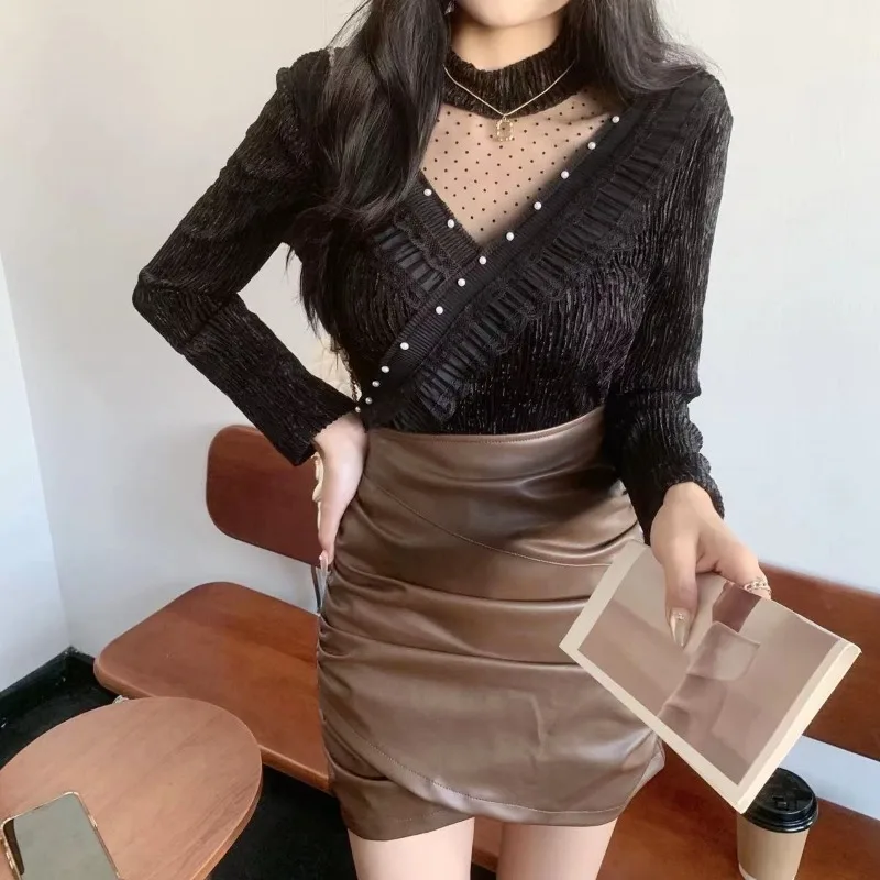 Женский осенне-зимний новый корейский ажурный лоскутный топ с полувысоким