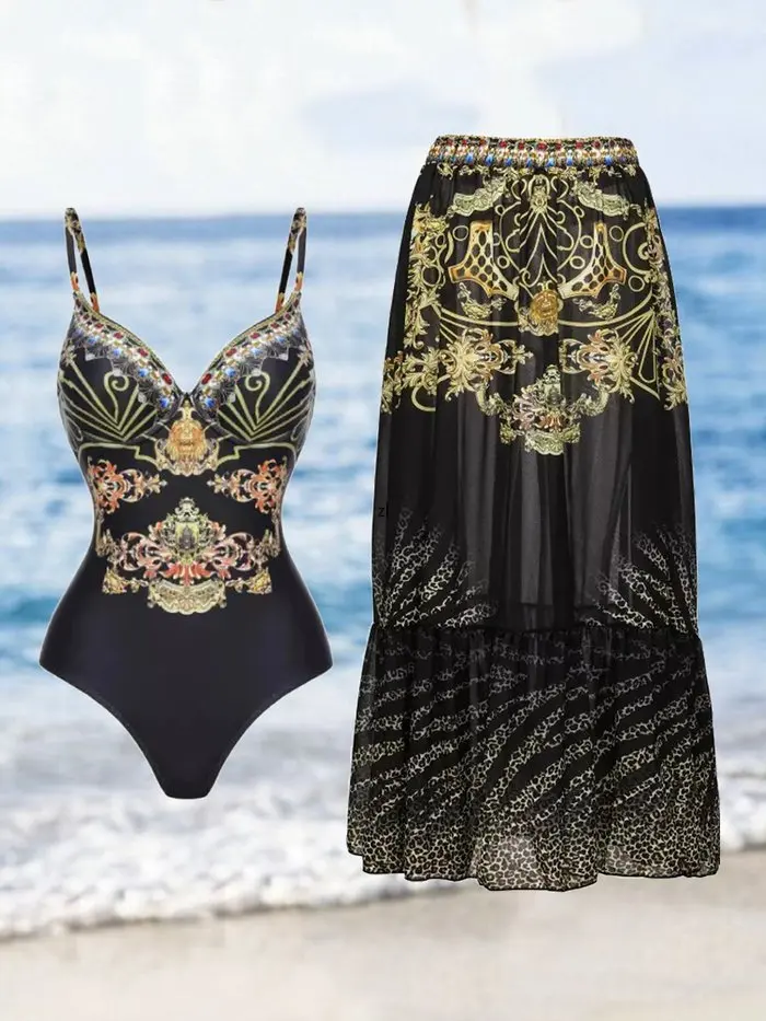 Tankini Women Hot Spring Swimming Suit Women's Fitness Black With Skirt Tight Bandage Summer Beach Luxury Elegant Vintage Print