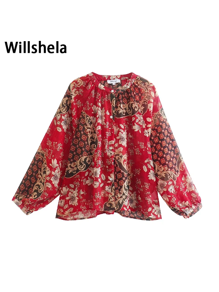 

Willshela Женская модная шифоновая однобортная блузка с принтом винтажные женские шикарные рубашки с длинным рукавом и круглым вырезом