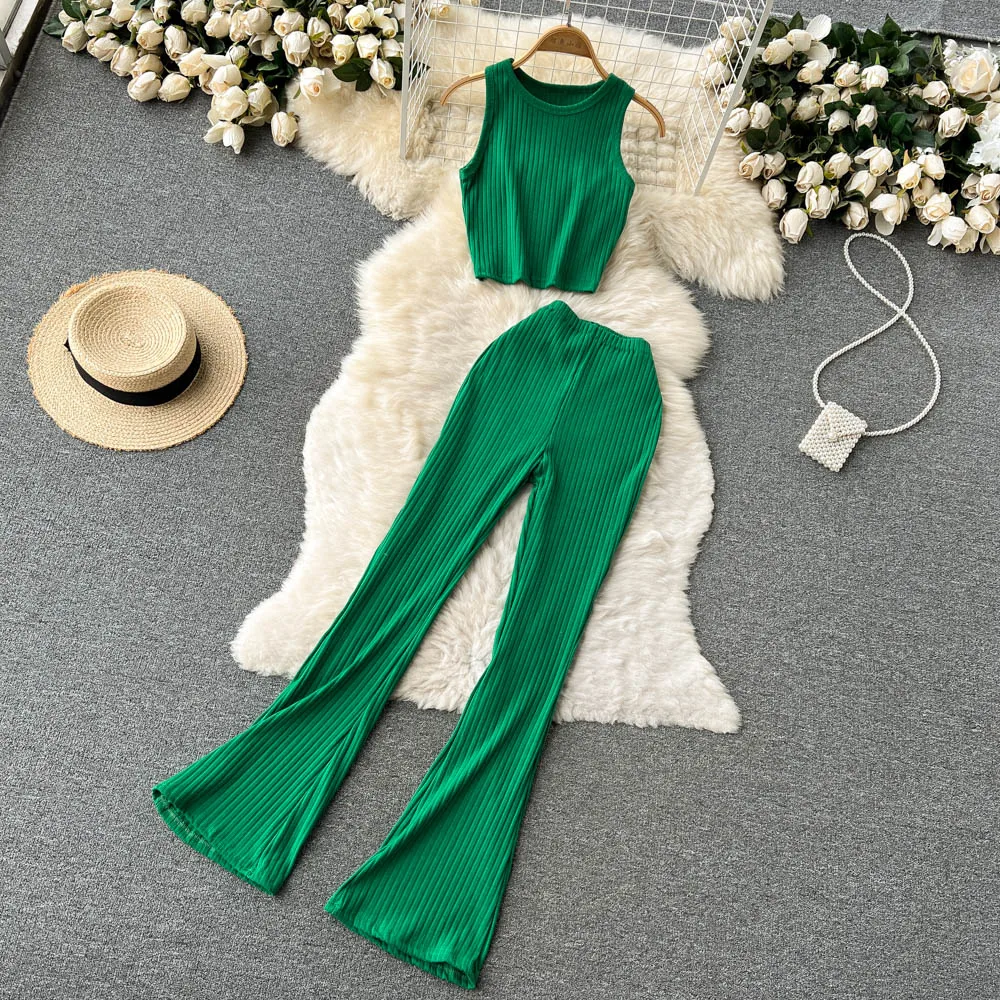 2022 Summer Knitted Suit Retro Women's Short Sleeveless Top Women's High Waist Slim Pants Suit Flared Pants Two Piece Set