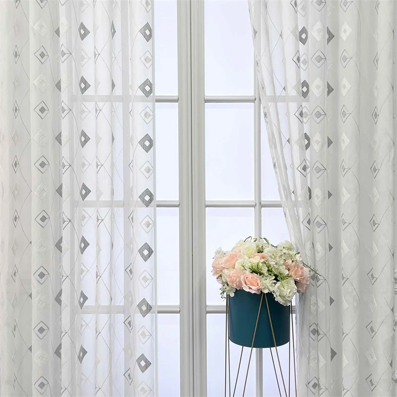 

Modern Grey Cotton Geometric Embroidery Balcony Window Sheer Tulle Curtains For Bedroom Living Room Drapes Voile Custom Fabric