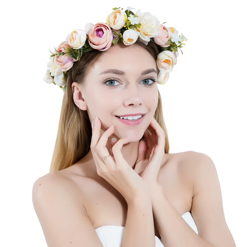 

Artificial Flower Wreath Bride Bridesmaid Women Flower Crown Hair Band Wedding Floral Headband Garland Ribbon Hair Accessories