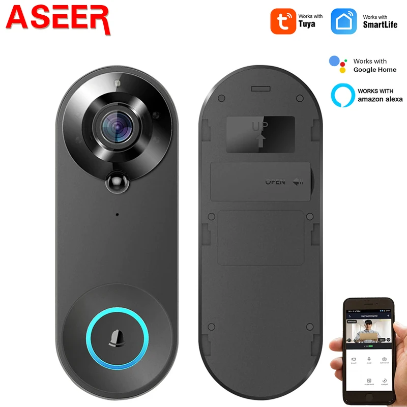 

ASEER Tuya Smart Video Doorbell,WiFi Alarm Wireless Security 1080P Camera Video Intercom Door Bell，Works With Google Home Alexa