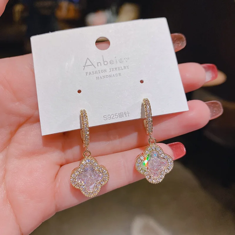 

New Diamond Flower Earrings Women's Real Gold Plating Korean High-Grade Zircon Ear Hook Temperament Niche Gift Jewelry Hot