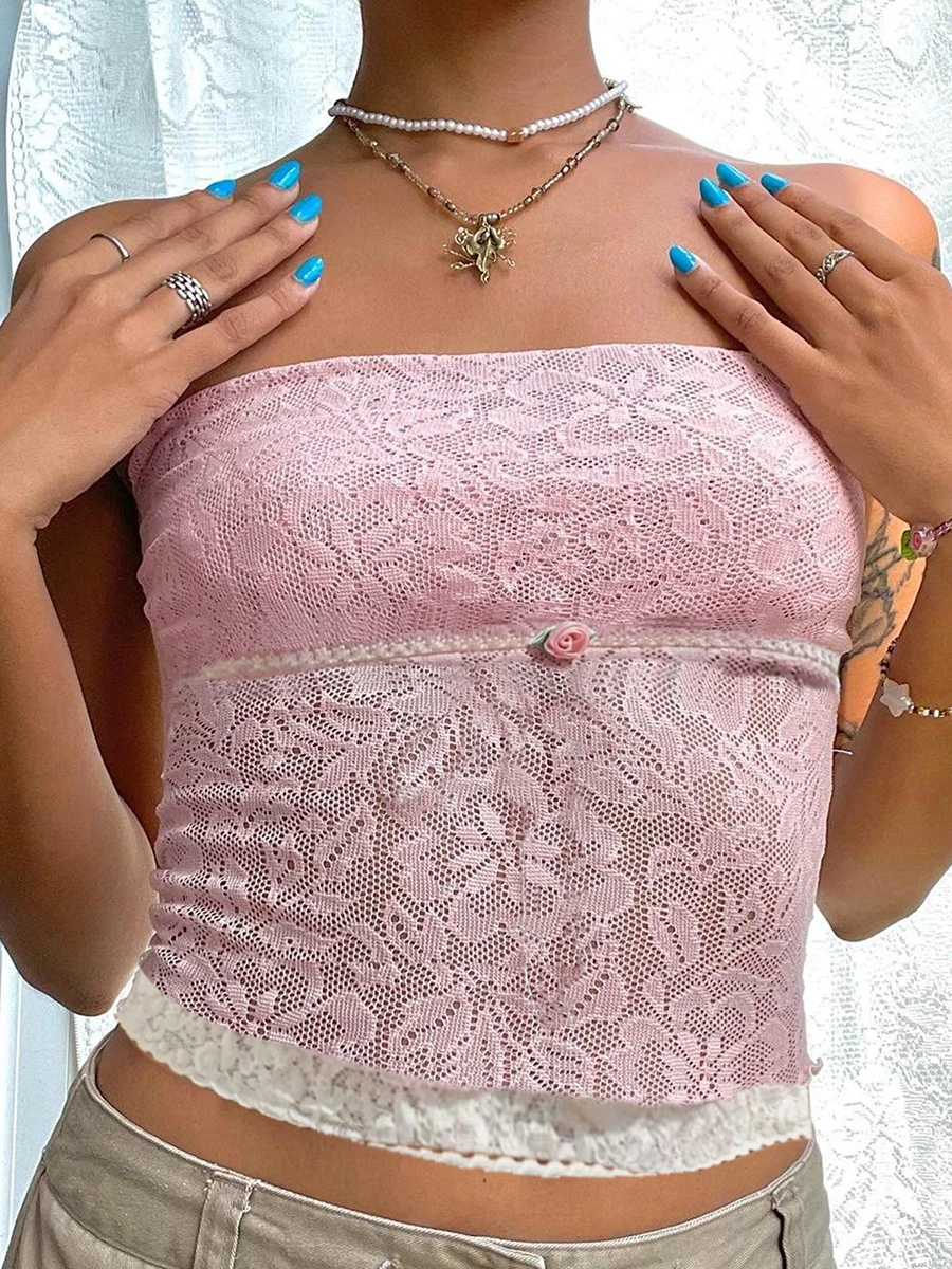 

y2k Fashion Tube Tops for Women Floral Lace See Through Off Shoulder Strapless Sleeveless Vest