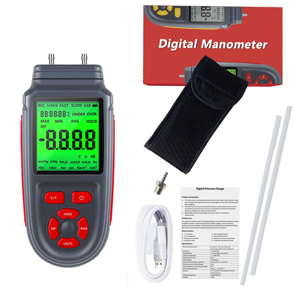 

Dual Port Air Gas Pressure Tester Digital Manometer Differential Pressure Gauge with LCD Display Battery or USB Cable Powered